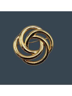Vintage Monet Interlocking Circles Brooch Pin Polished Gold Tone Retro 1970s